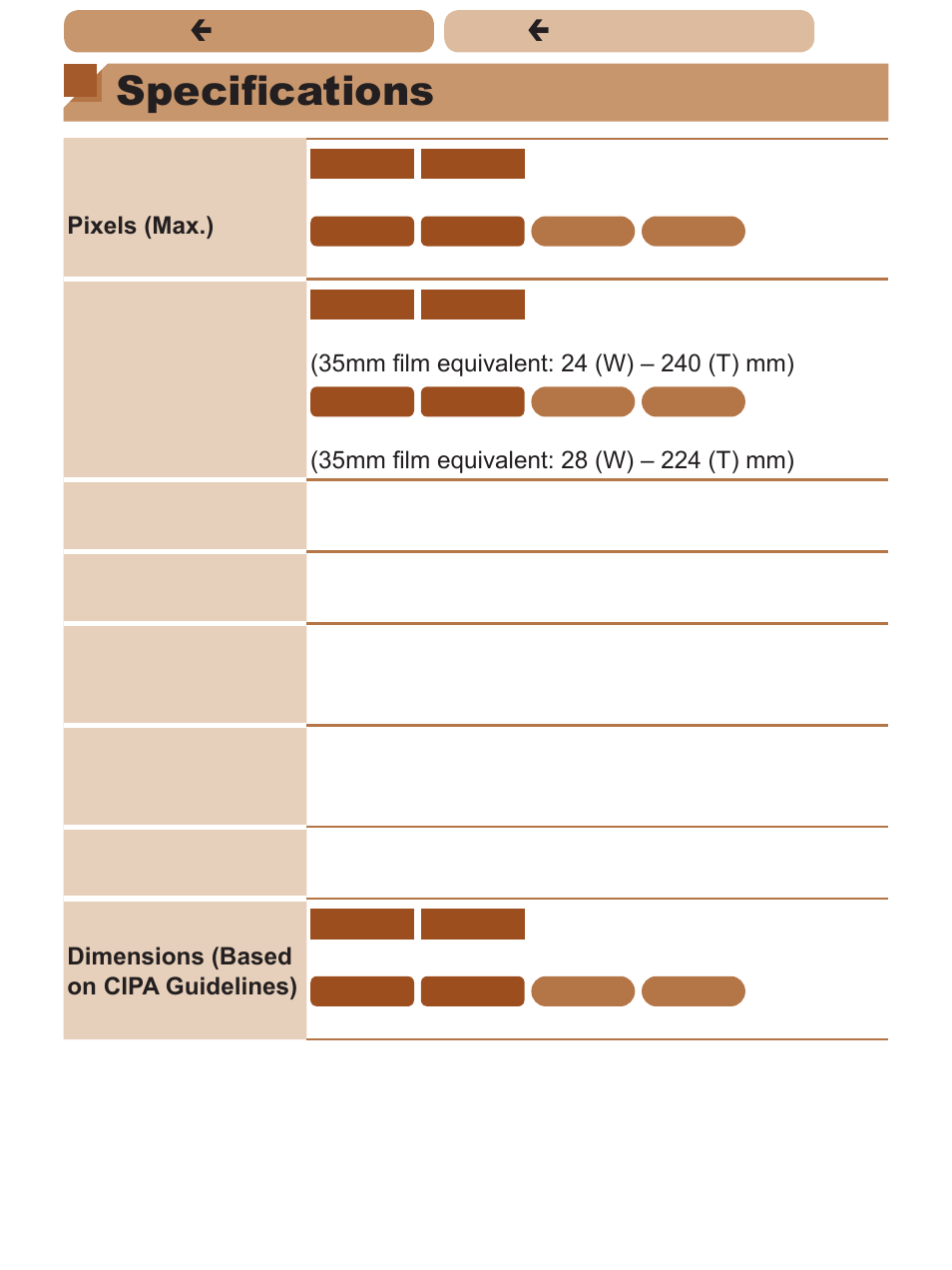 Specifications, Ç contents ç chapter contents | Canon PowerShot ELPH 135 User Manual | Page 207 / 222