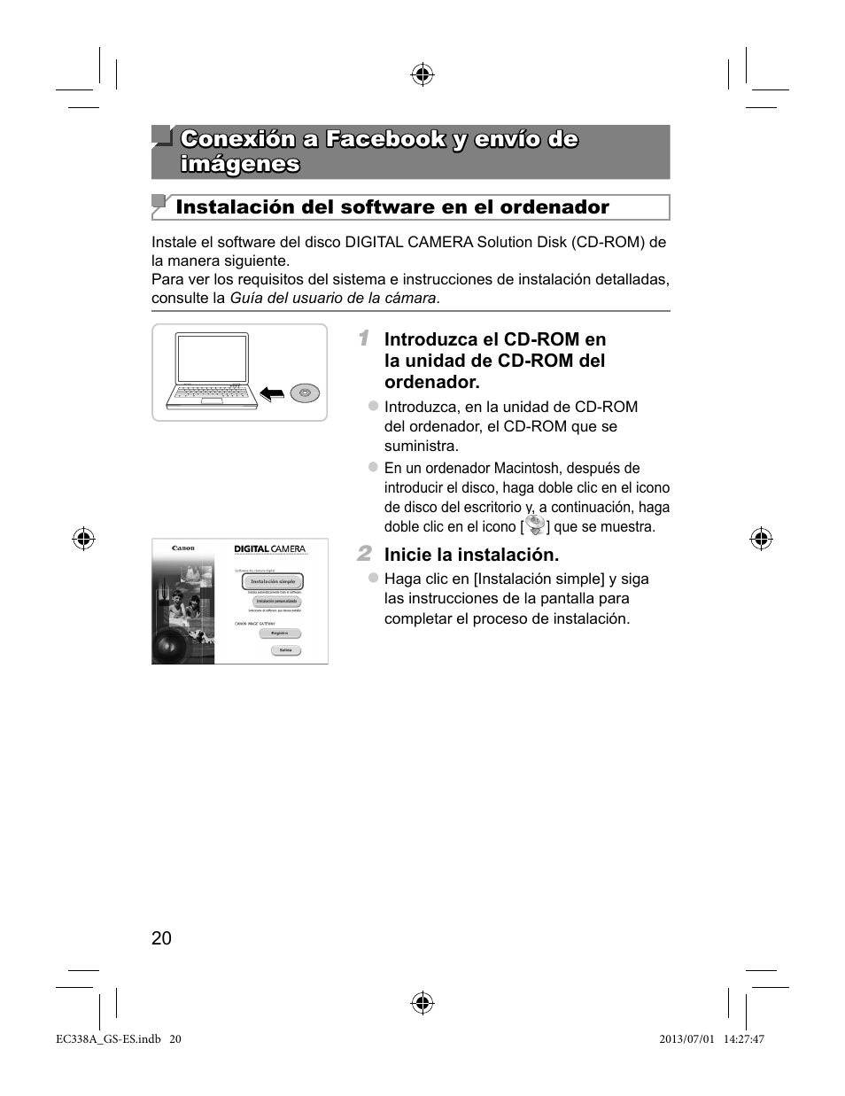 Conexión a facebook y envío de imágenes | Canon PowerShot N Facebook ready Blue Jacket Bundle User Manual | Page 20 / 36