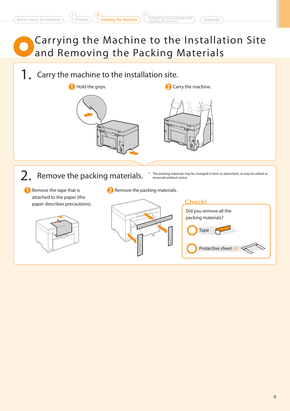 Remove the packing materials, Carry the machine to the installation site | Canon imageCLASS MF3010 User Manual | Page 11 / 28