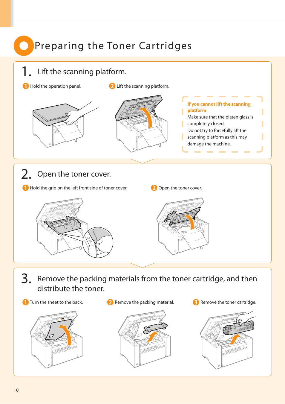 Preparing the toner cartridges | Canon imageCLASS MF3010 User Manual | Page 12 / 28