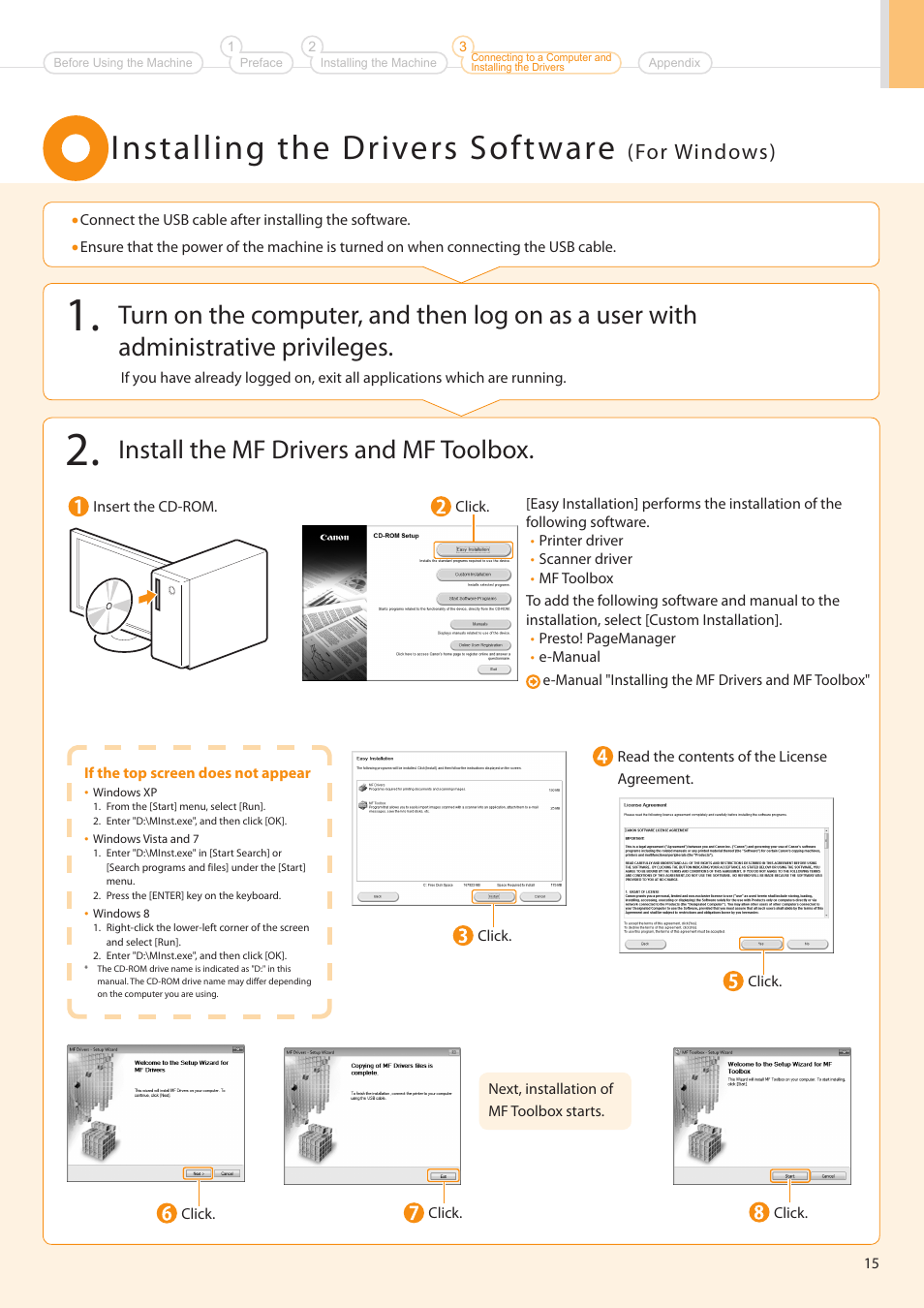 Installing the drivers software, Install the mf drivers and mf toolbox, For windows) | Canon imageCLASS MF3010 User Manual | Page 17 / 28