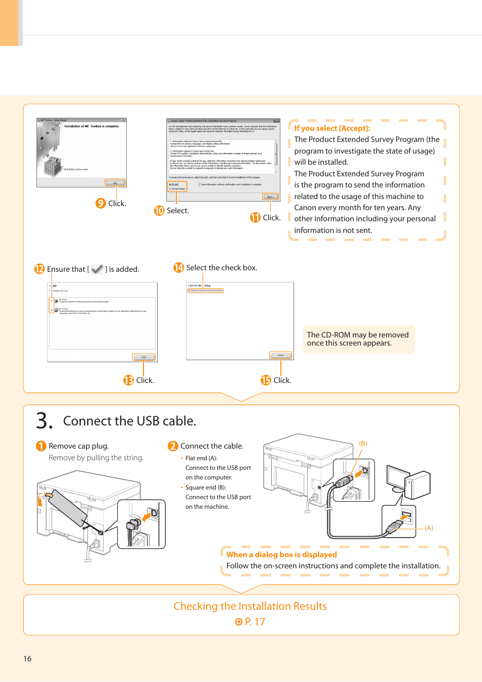 Connect the usb cable, Checking the installation results p . 17 | Canon imageCLASS MF3010 User Manual | Page 18 / 28