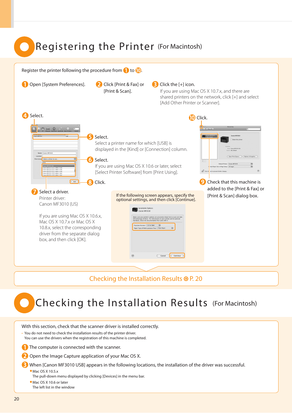 Registering the printer, Checking the installation results, Checking the installation results p . 20 | For macintosh) | Canon imageCLASS MF3010 User Manual | Page 22 / 28