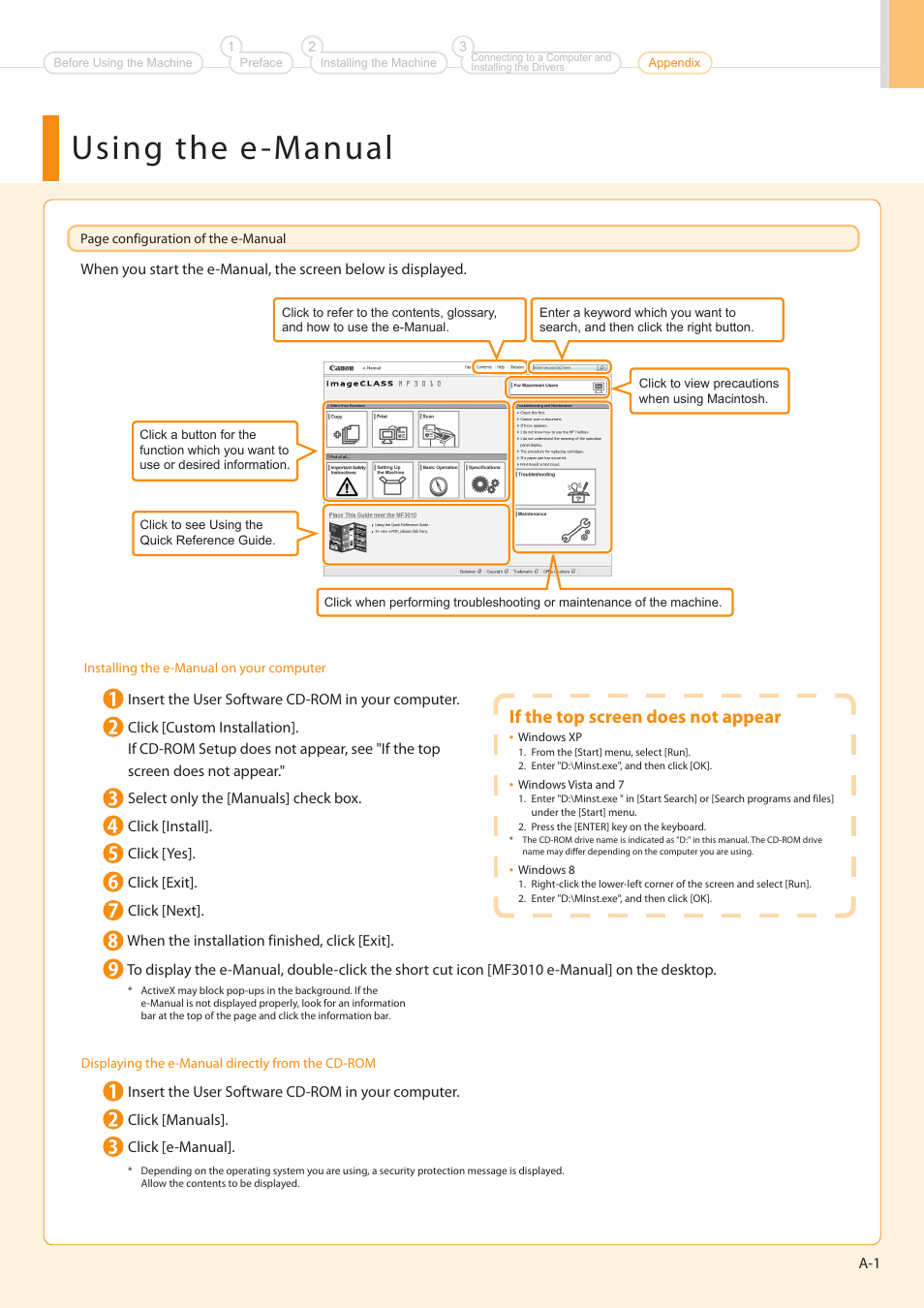 Using the e-manual, If the top screen does not appear | Canon imageCLASS MF3010 User Manual | Page 23 / 28