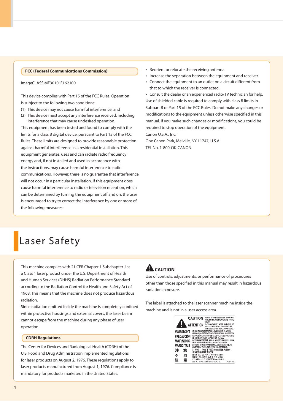 Laser safety | Canon imageCLASS MF3010 User Manual | Page 6 / 28