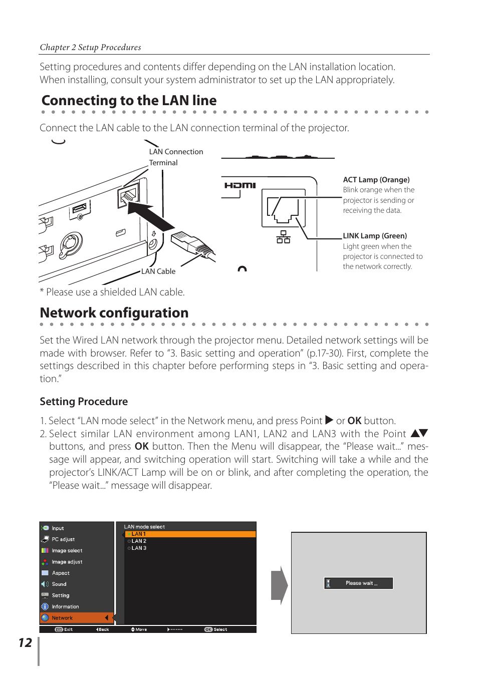 Connecting to the lan line, Network configuration | Canon LV-8320 User Manual | Page 12 / 62