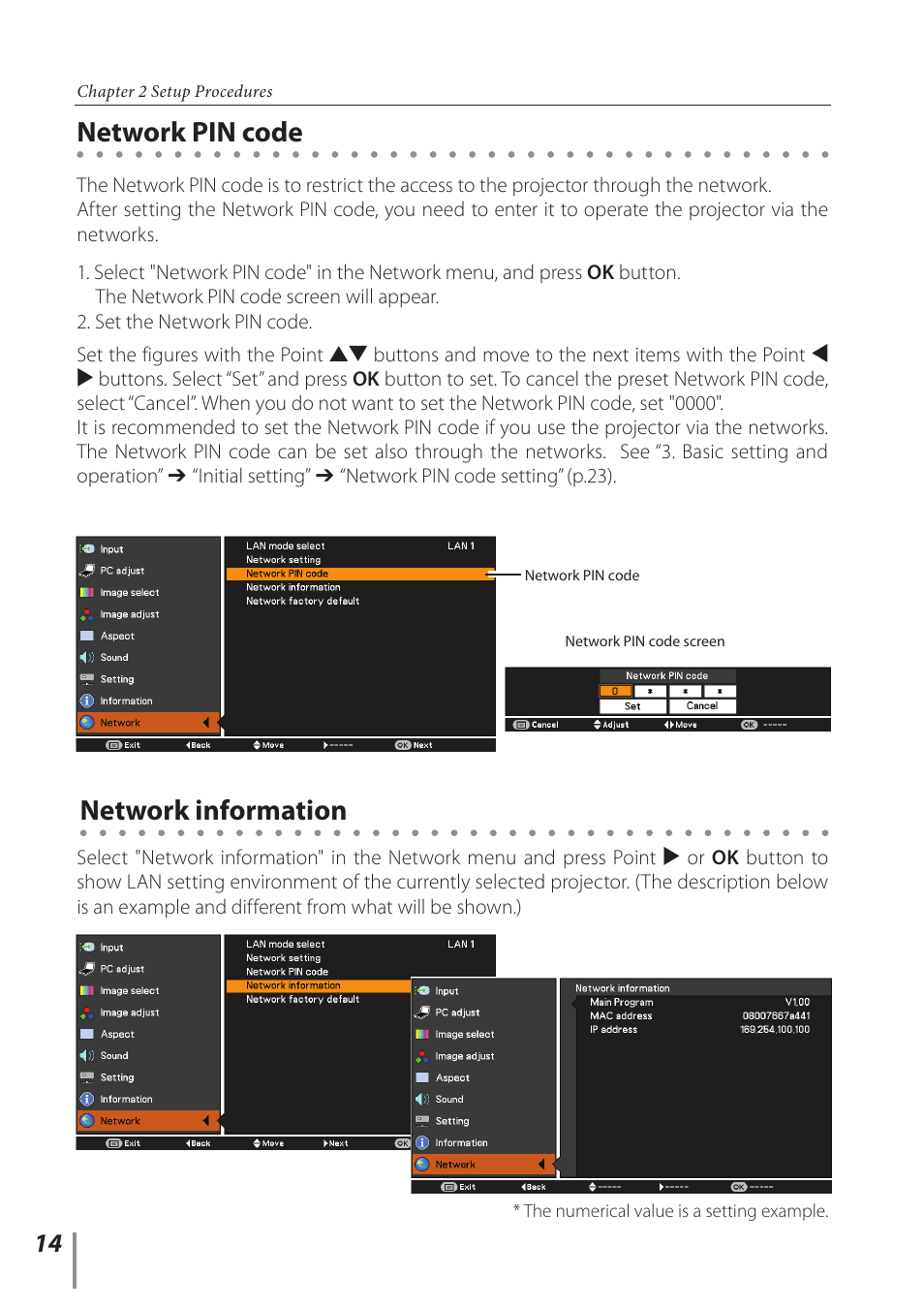 Network pin code, Network information, Network pin code network information | Canon LV-8320 User Manual | Page 14 / 62