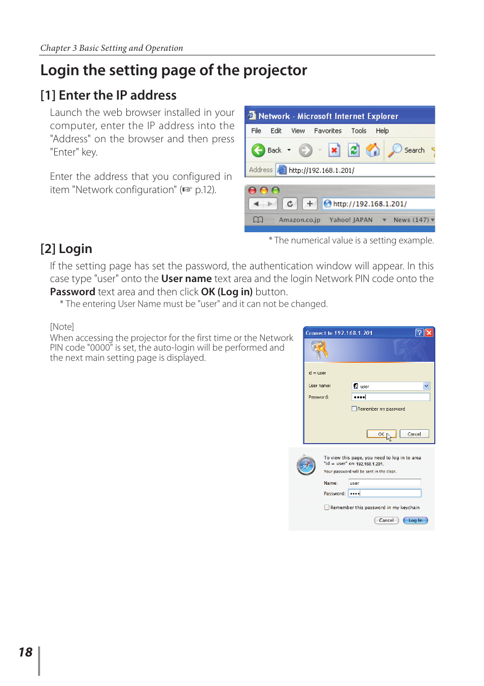 1] enter the ip address, 2] login, Login the setting page of the projector | Canon LV-8320 User Manual | Page 18 / 62