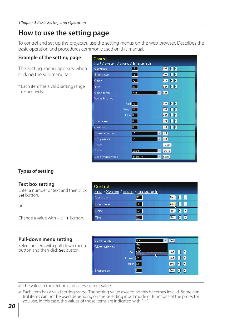 How to use the setting page | Canon LV-8320 User Manual | Page 20 / 62