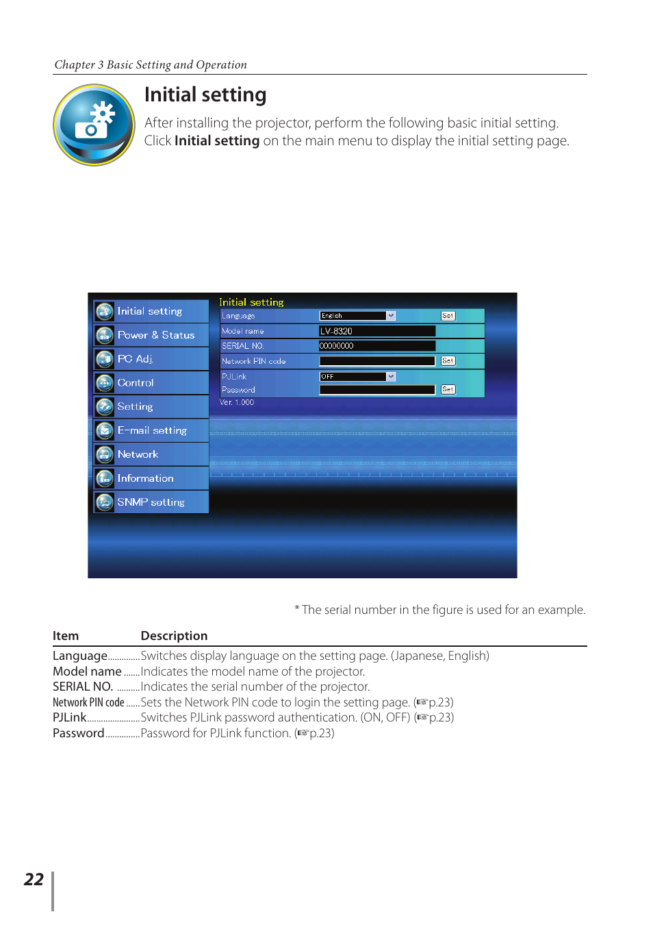 Initial setting | Canon LV-8320 User Manual | Page 22 / 62