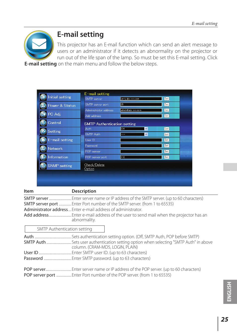 E-mail setting, English | Canon LV-8320 User Manual | Page 25 / 62