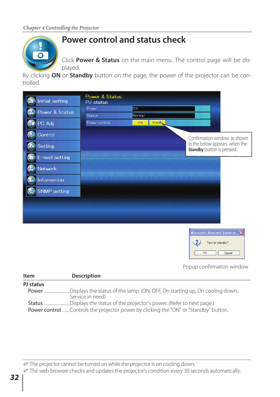 Power control and status check | Canon LV-8320 User Manual | Page 32 / 62