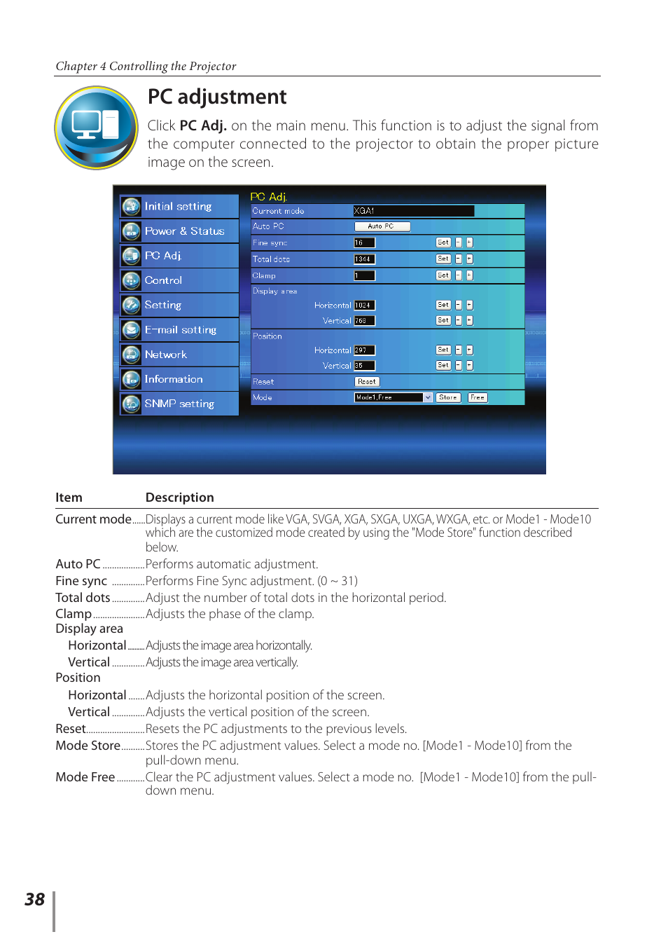 Pc adjustment | Canon LV-8320 User Manual | Page 38 / 62