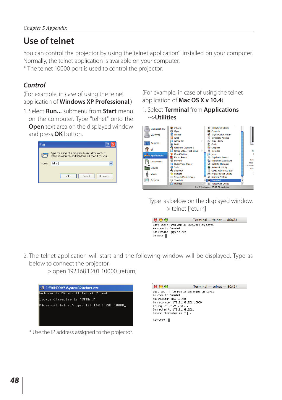Use of telnet | Canon LV-8320 User Manual | Page 48 / 62