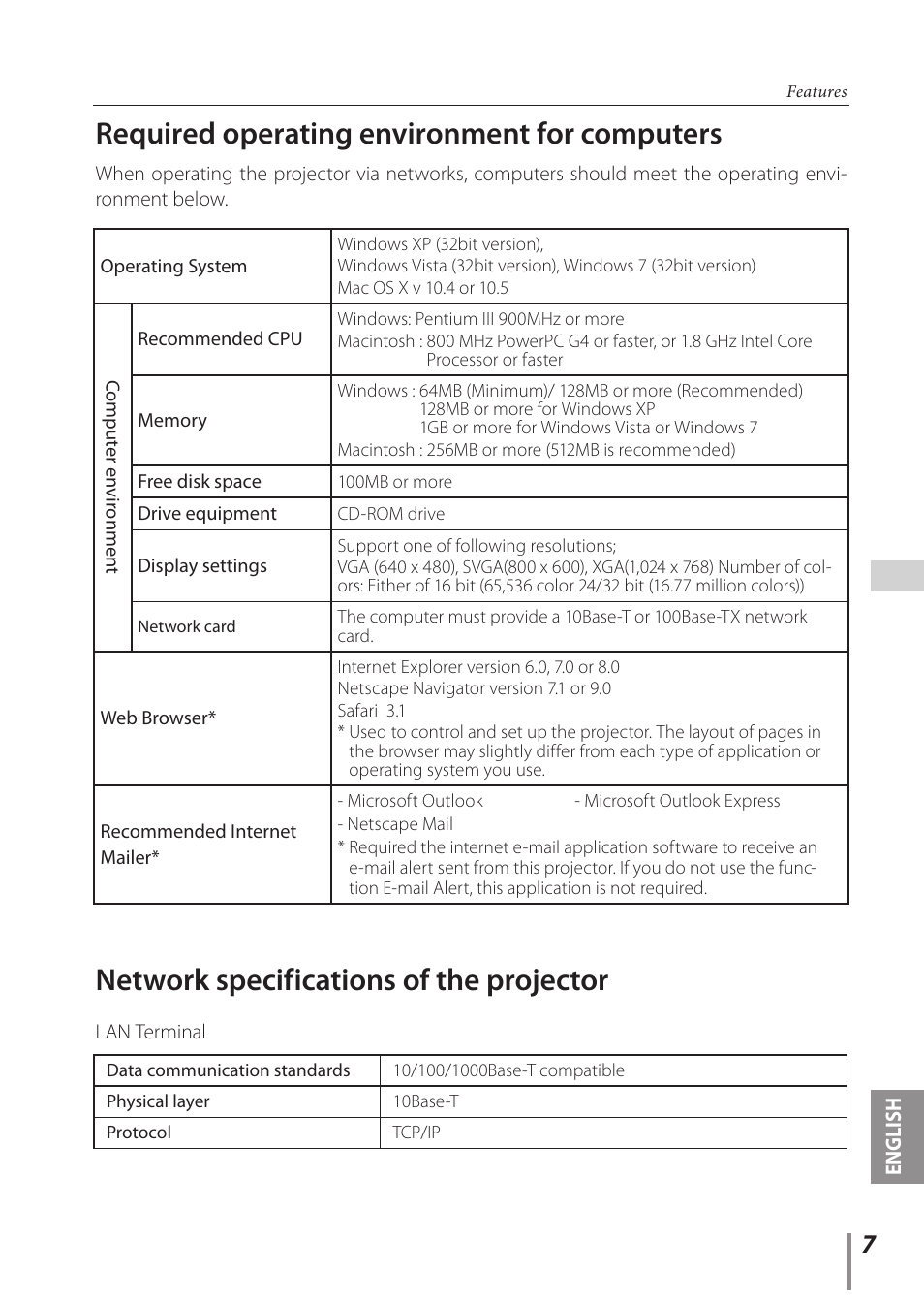 Required operating environment for computers, Network specifications of the projector | Canon LV-8320 User Manual | Page 7 / 62