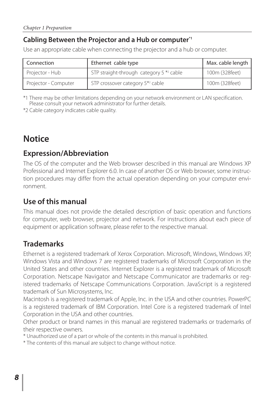 Notice, Expression/abbreviation, Use of this manual | Trademarks | Canon LV-8320 User Manual | Page 8 / 62