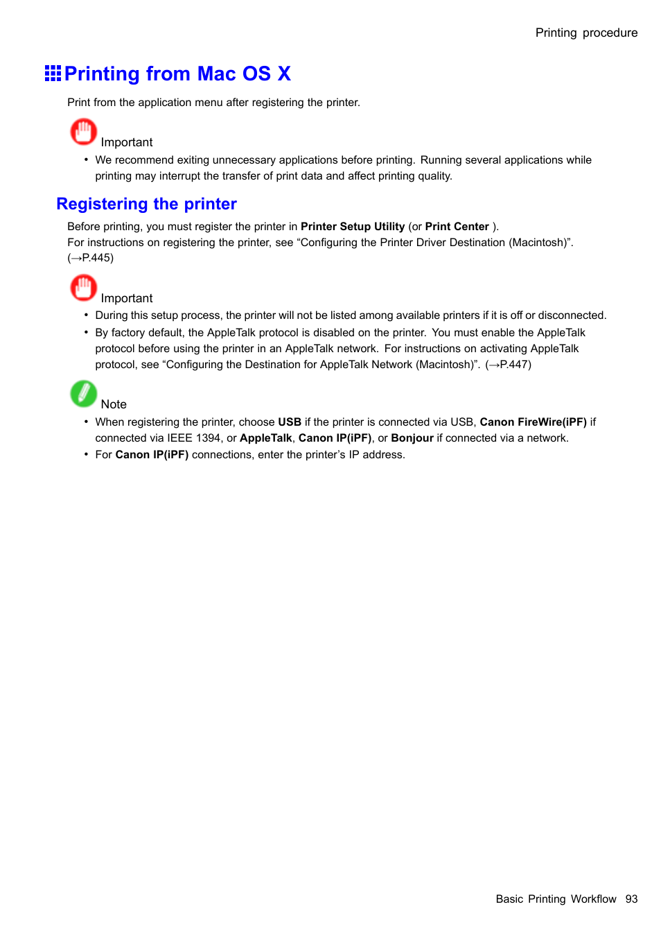 Printing from mac os x, Registering the printer | Canon imagePROGRAF iPF605 User Manual | Page 107 / 578