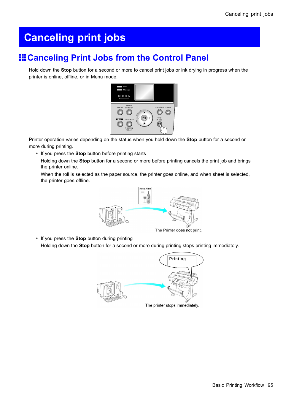 Canceling print jobs, Canceling print jobs from the control panel | Canon imagePROGRAF iPF605 User Manual | Page 109 / 578