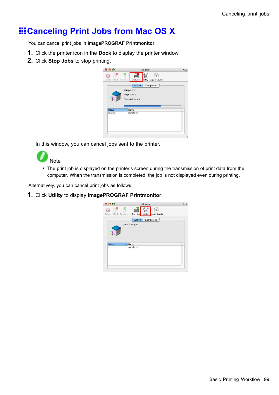 Canceling print jobs from mac os x | Canon imagePROGRAF iPF605 User Manual | Page 113 / 578