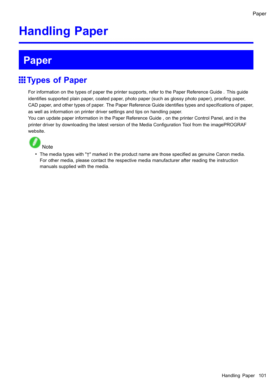 Handling paper, Paper, Types of paper | Paper sizes | Canon imagePROGRAF iPF605 User Manual | Page 115 / 578