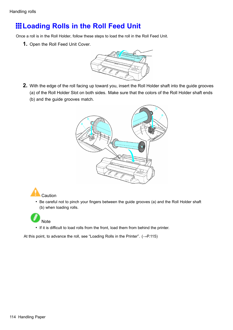 Loading rolls in the roll feed unit | Canon imagePROGRAF iPF605 User Manual | Page 128 / 578