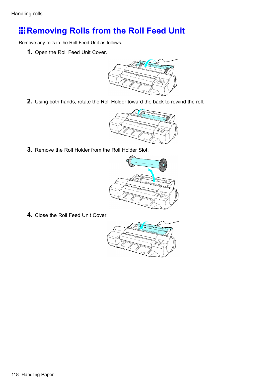 Removing rolls from the roll feed unit | Canon imagePROGRAF iPF605 User Manual | Page 132 / 578