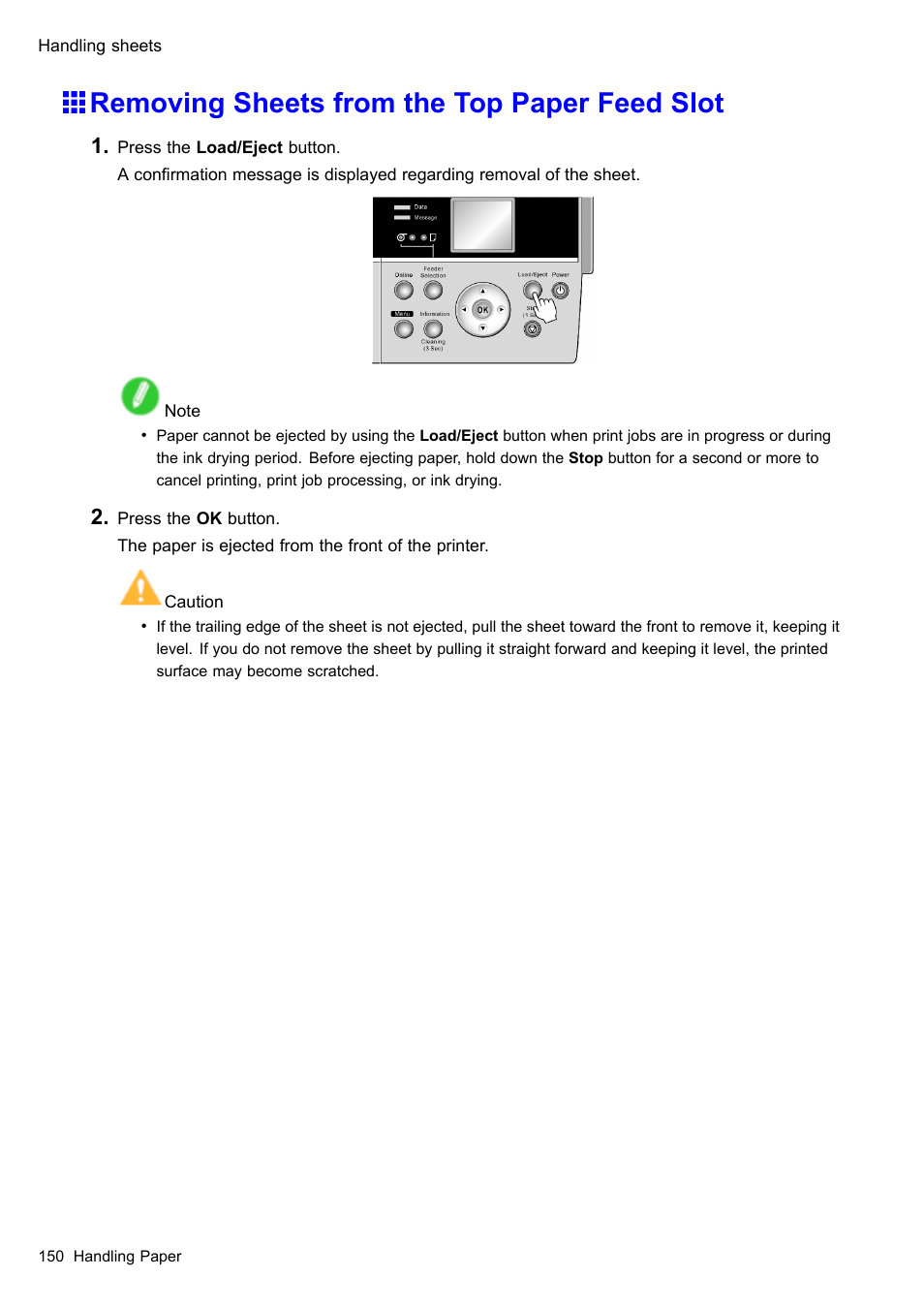 Removing sheets from the top paper feed slot | Canon imagePROGRAF iPF605 User Manual | Page 164 / 578