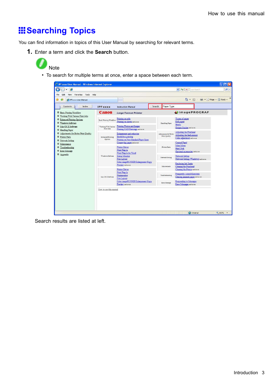 Searching topics | Canon imagePROGRAF iPF605 User Manual | Page 17 / 578