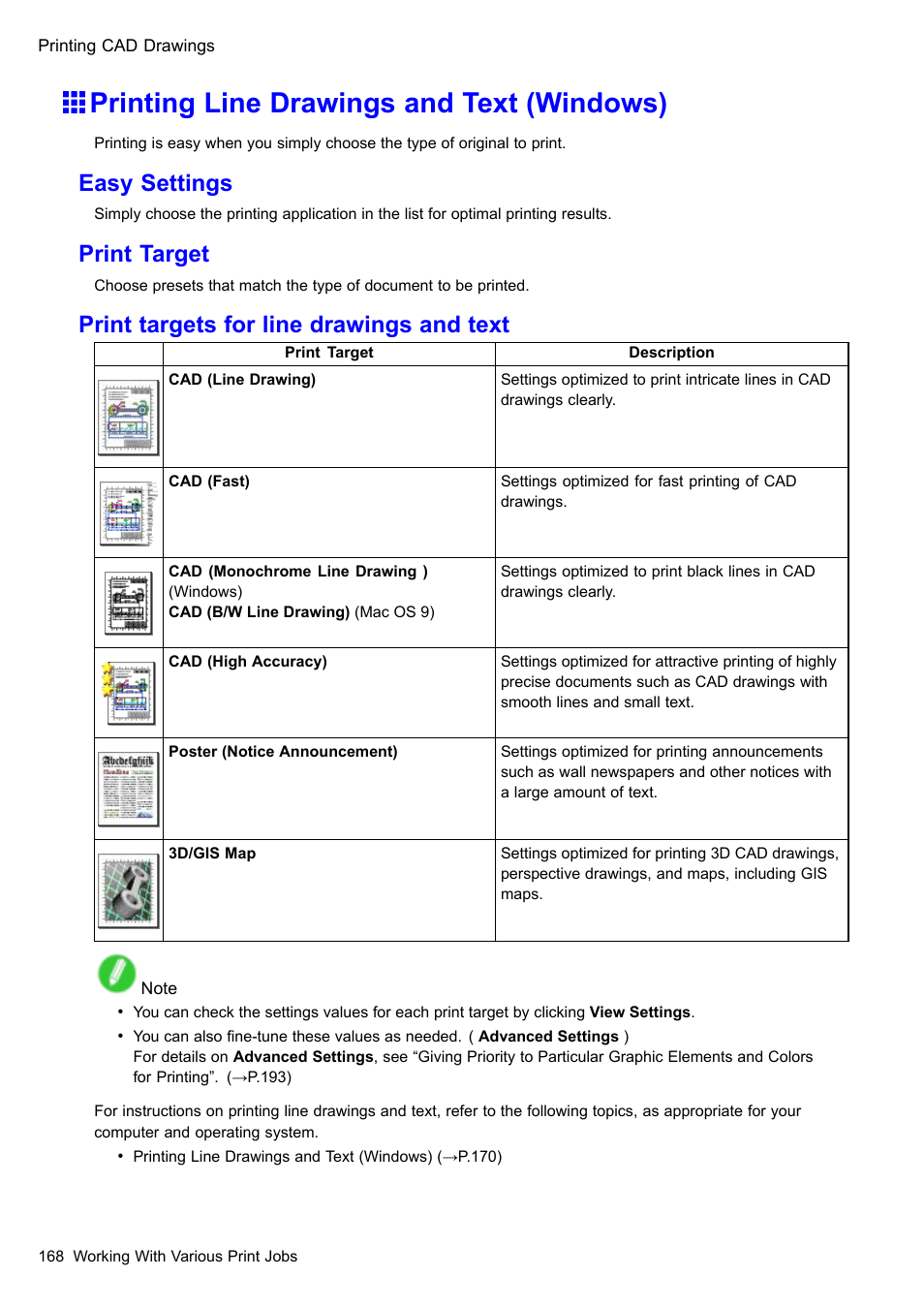 Printing line drawings and text (windows), Easy settings, Print target | Print targets for line drawings and text | Canon imagePROGRAF iPF605 User Manual | Page 182 / 578