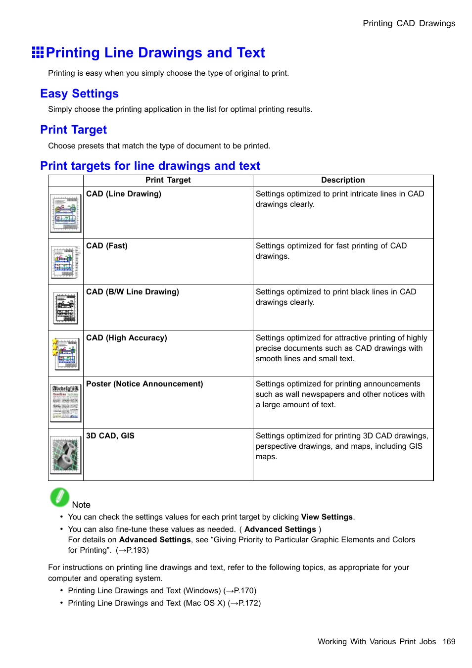 Printing line drawings and text, Easy settings, Print target | Print targets for line drawings and text | Canon imagePROGRAF iPF605 User Manual | Page 183 / 578