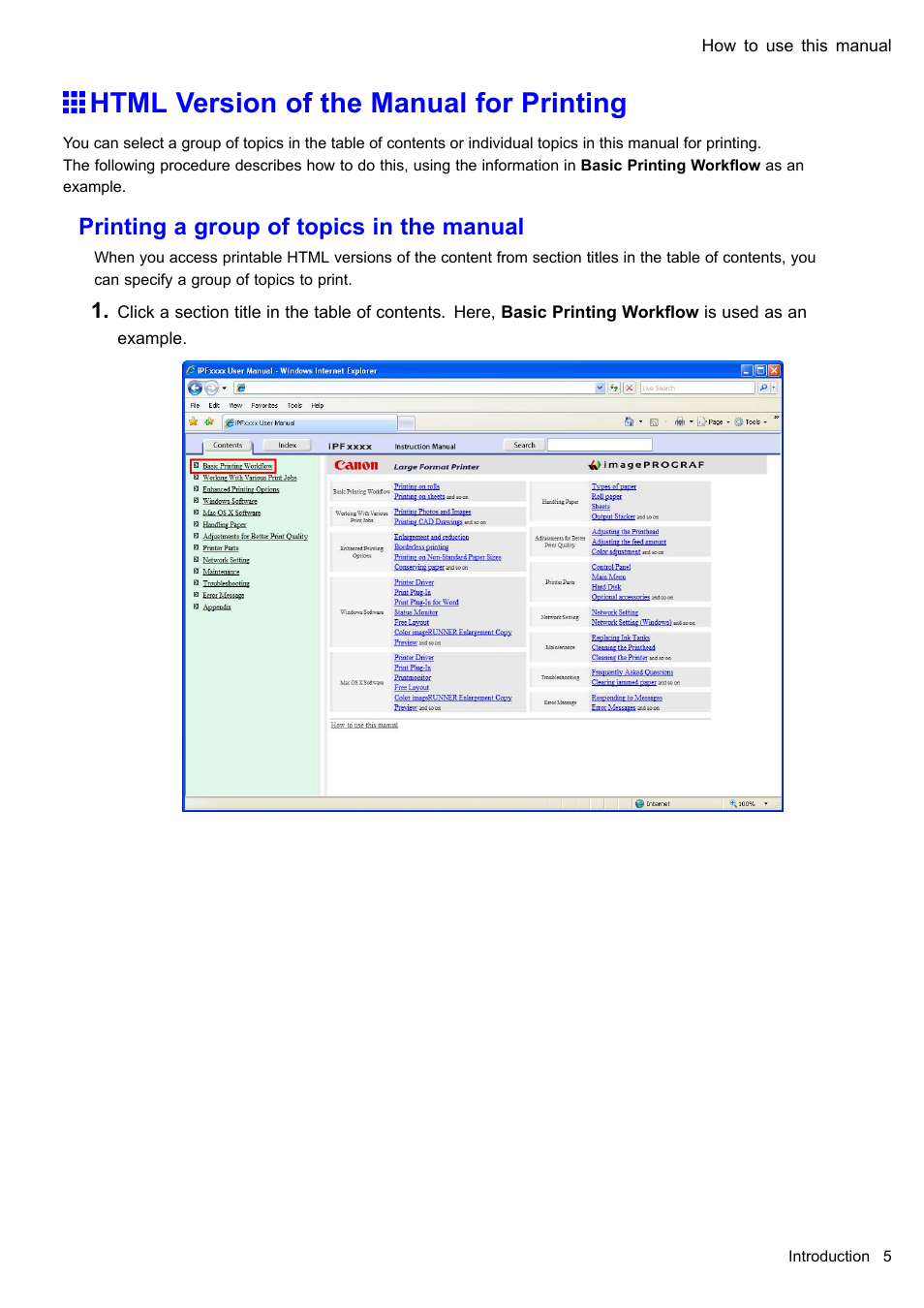 Html version of the manual for printing, Printing a group of topics in the manual | Canon imagePROGRAF iPF605 User Manual | Page 19 / 578