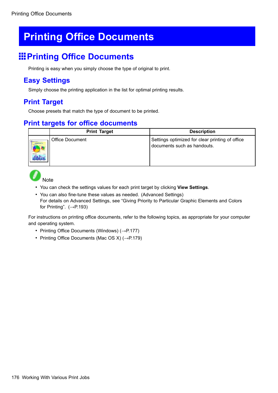 Printing office documents, Printing ofce documents, Easy settings | Print target, Print targets for ofce documents | Canon imagePROGRAF iPF605 User Manual | Page 190 / 578
