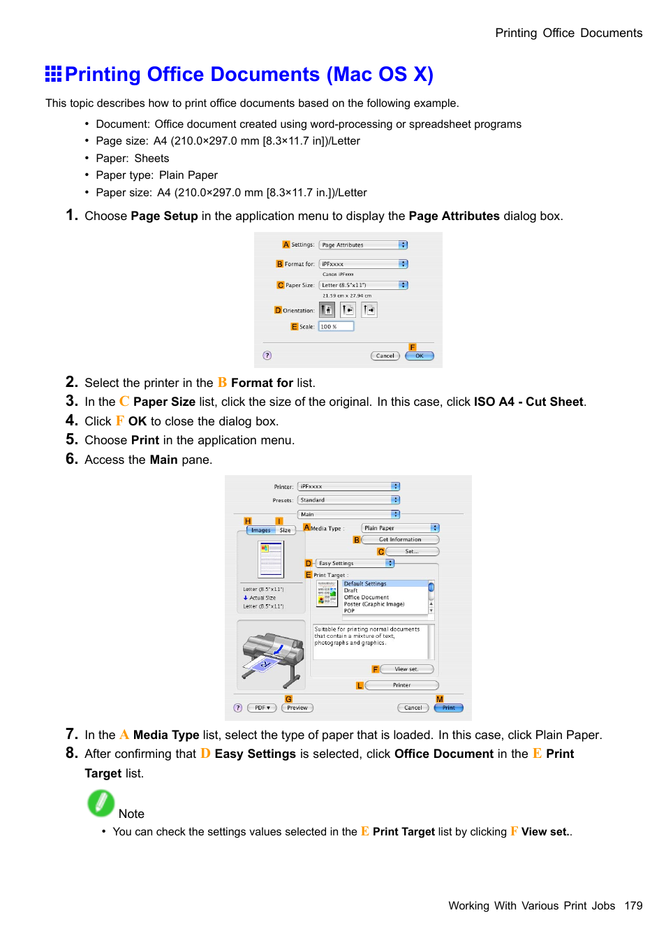 Printing office documents (mac os x), Printing ofce documents (mac os x) | Canon imagePROGRAF iPF605 User Manual | Page 193 / 578