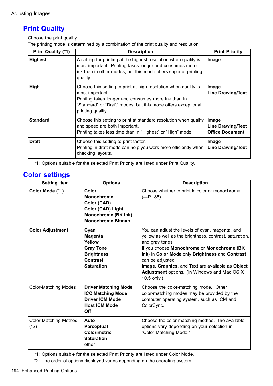 Print quality, Color settings | Canon imagePROGRAF iPF605 User Manual | Page 208 / 578