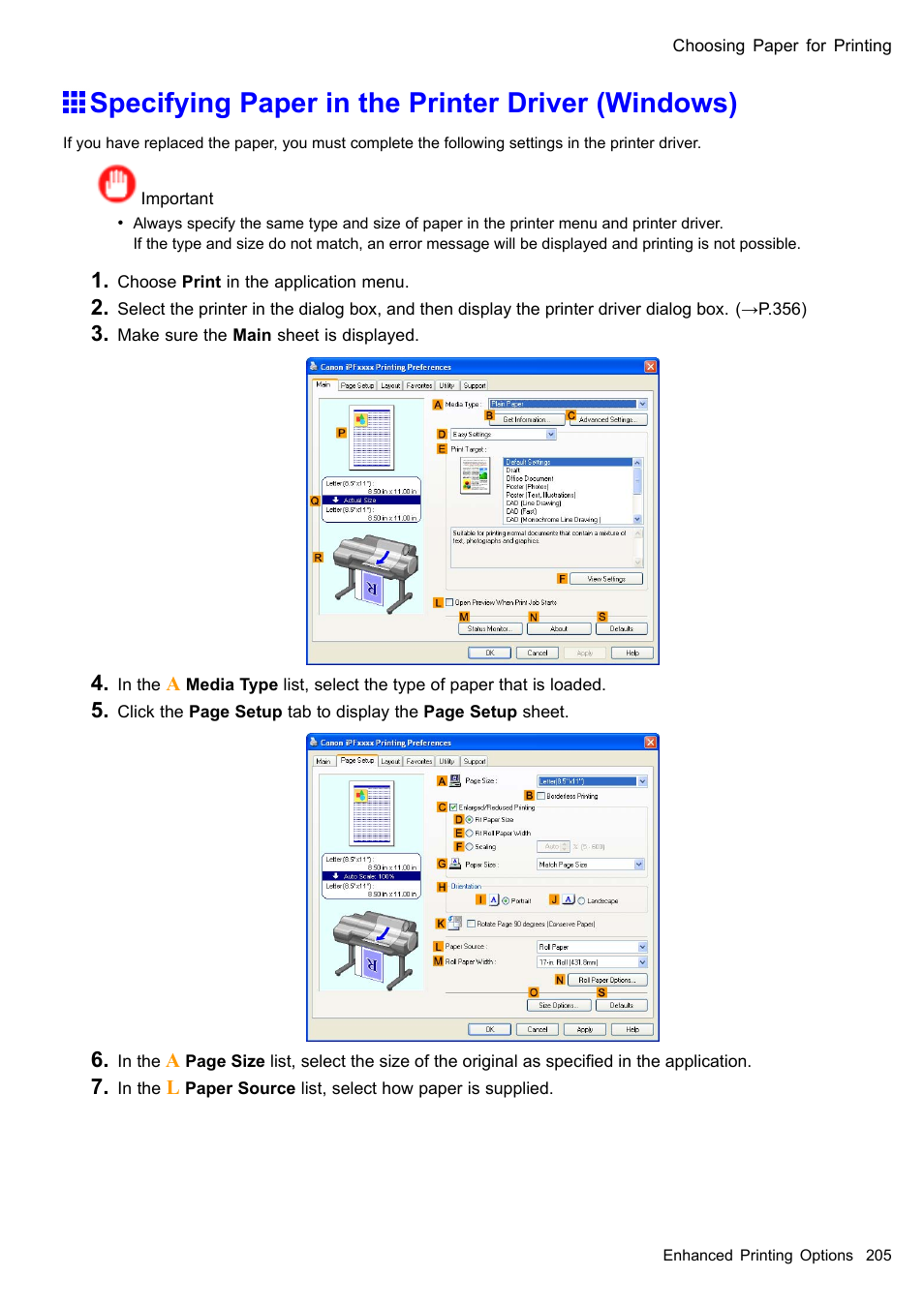 Specifying paper in the printer driver (windows) | Canon imagePROGRAF iPF605 User Manual | Page 219 / 578