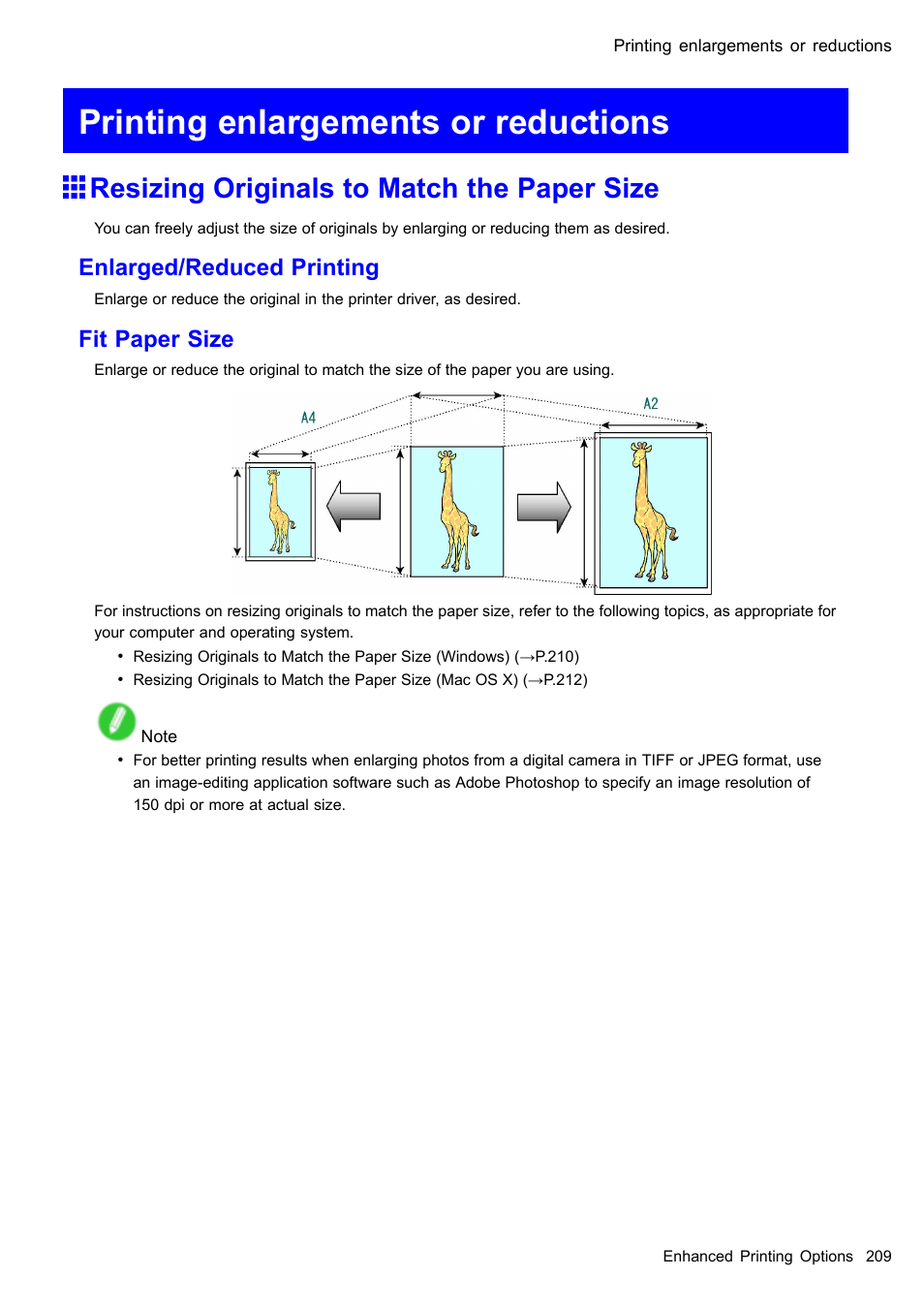 Printing enlargements or reductions, Resizing originals to match the paper size, Enlarged/reduced printing | Fit paper size | Canon imagePROGRAF iPF605 User Manual | Page 223 / 578