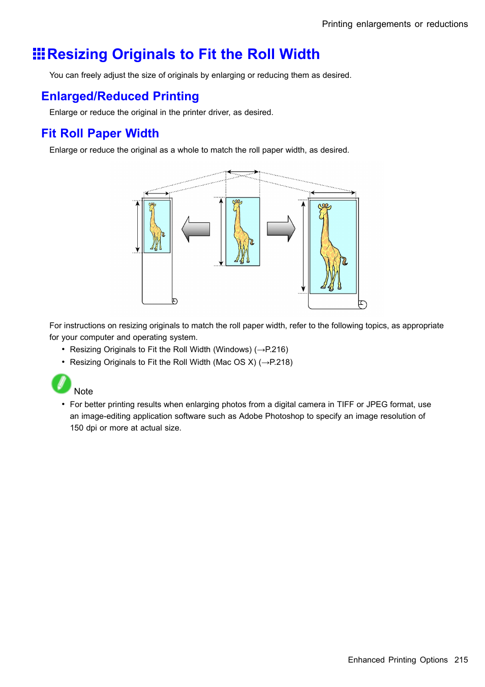 Resizing originals to fit the roll width, Enlarged/reduced printing, Fit roll paper width | Canon imagePROGRAF iPF605 User Manual | Page 229 / 578