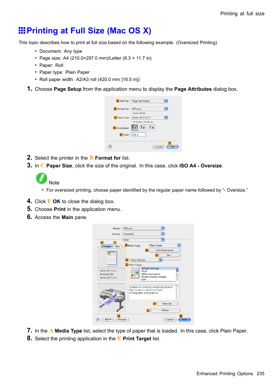 Printing at full size (mac os x) | Canon imagePROGRAF iPF605 User Manual | Page 249 / 578