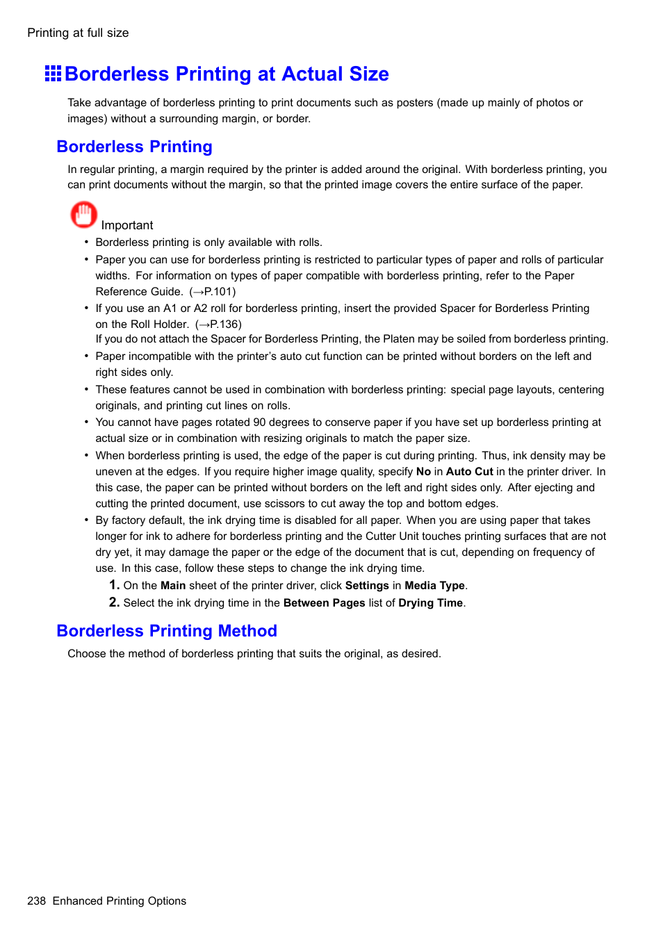 Borderless printing at actual size, Borderless printing, Borderless printing method | Canon imagePROGRAF iPF605 User Manual | Page 252 / 578