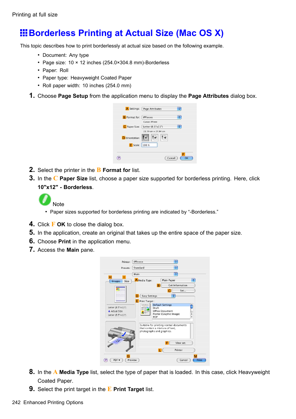 Borderless printing at actual size (mac os x) | Canon imagePROGRAF iPF605 User Manual | Page 256 / 578