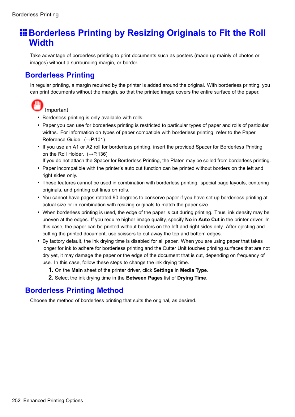Borderless printing, Borderless printing method | Canon imagePROGRAF iPF605 User Manual | Page 266 / 578