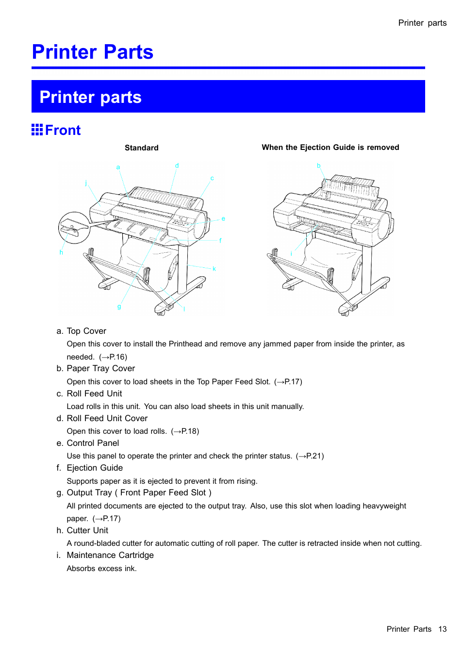 Printer parts, Front | Canon imagePROGRAF iPF605 User Manual | Page 27 / 578