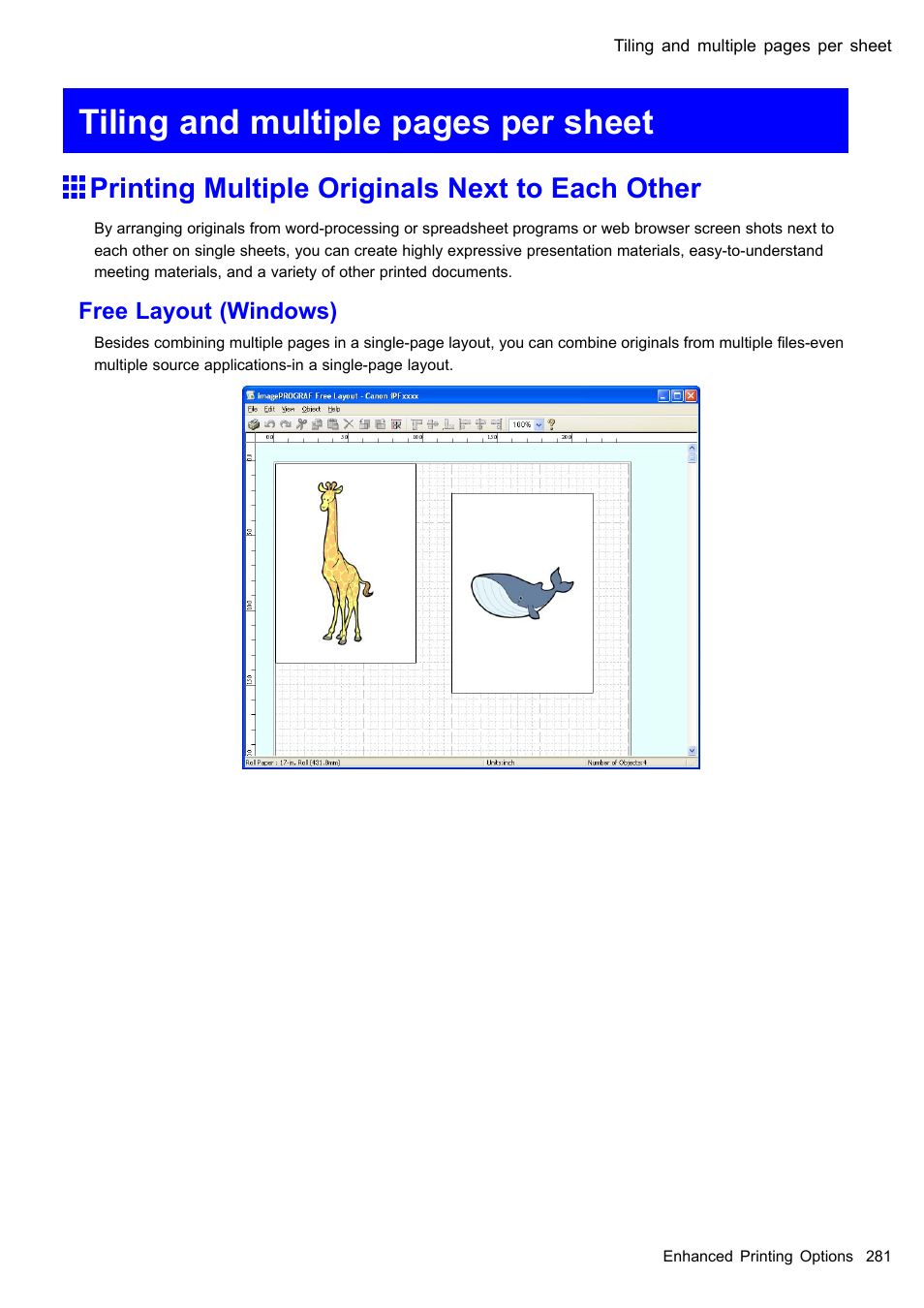 Printing multiple originals next to each other, Tiling and multiple pages per sheet | Canon imagePROGRAF iPF605 User Manual | Page 295 / 578
