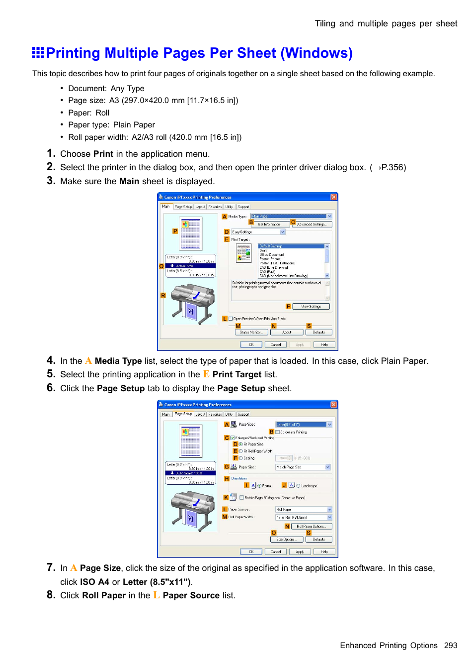 Printing multiple pages per sheet (windows) | Canon imagePROGRAF iPF605 User Manual | Page 307 / 578