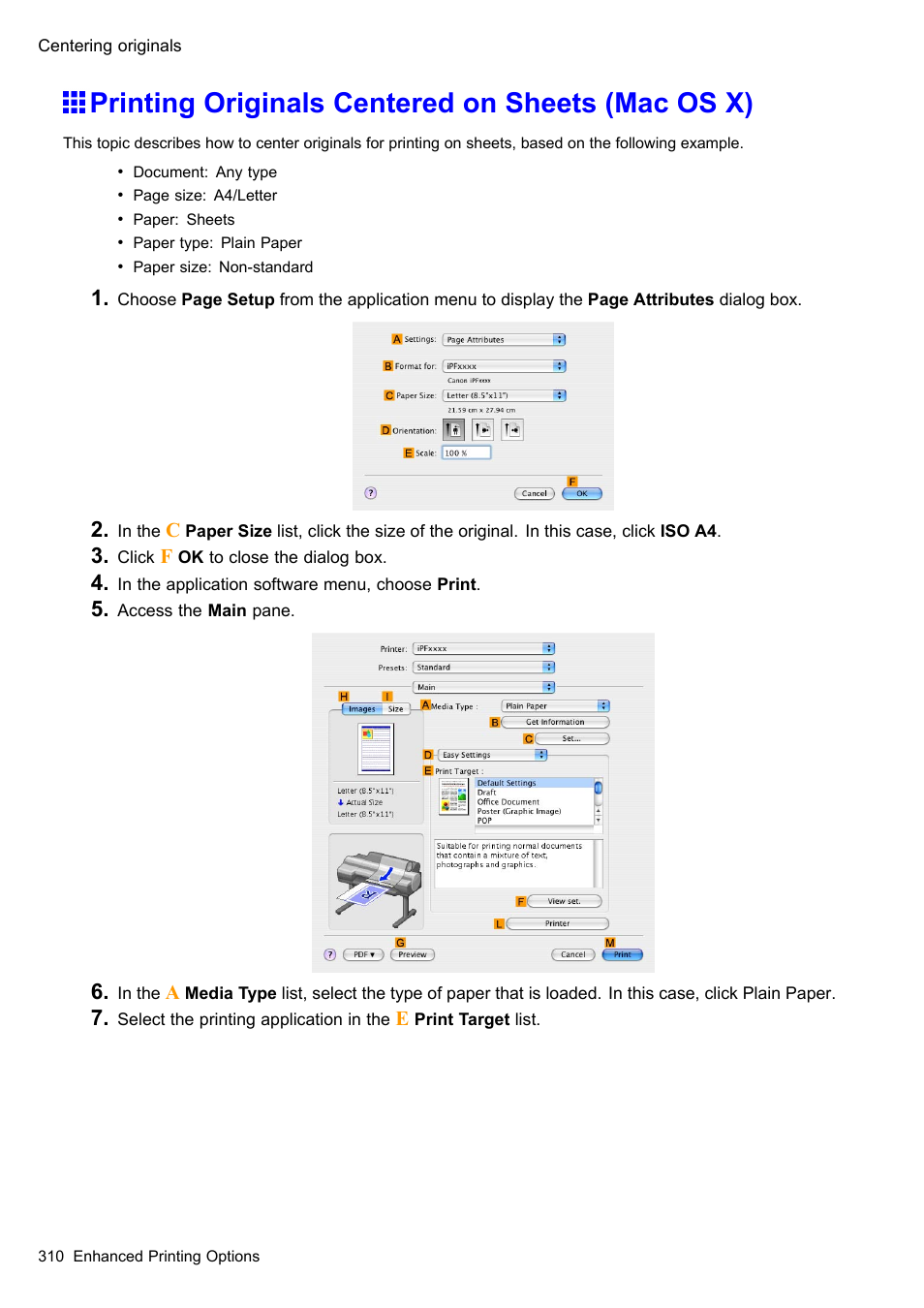 Printing originals centered on sheets (mac os x) | Canon imagePROGRAF iPF605 User Manual | Page 324 / 578