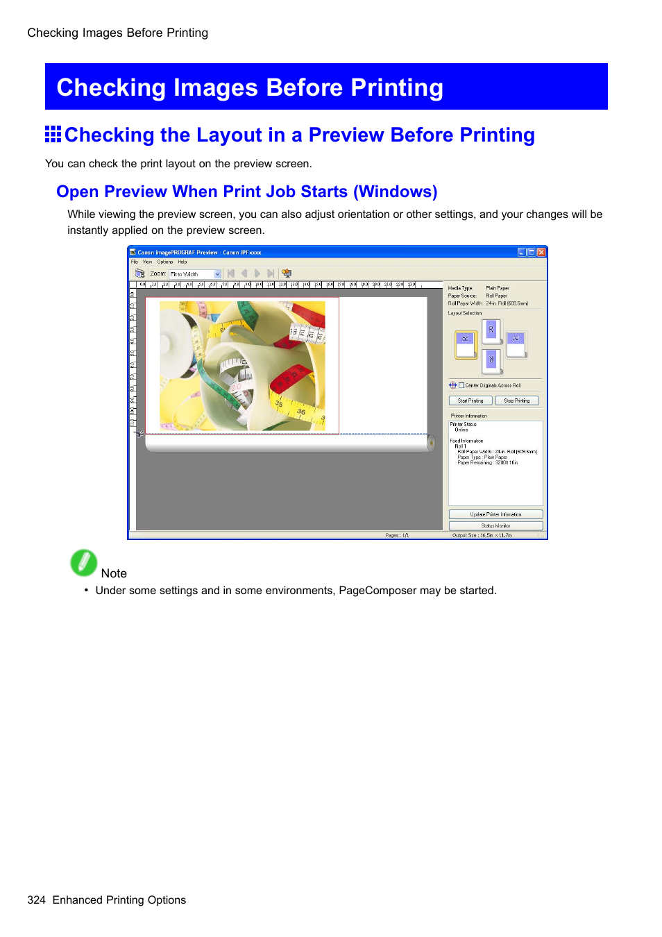 Checking images before printing, Checking the layout in a preview before printing, Open preview when print job starts (windows) | Canon imagePROGRAF iPF605 User Manual | Page 338 / 578
