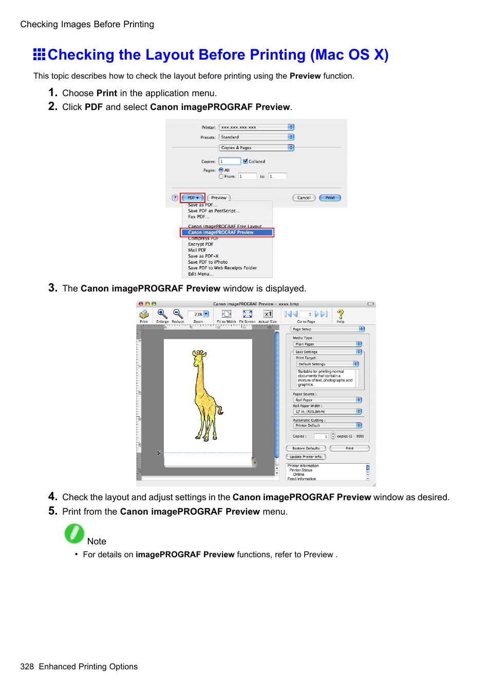 Checking the layout before printing (mac os x) | Canon imagePROGRAF iPF605 User Manual | Page 342 / 578