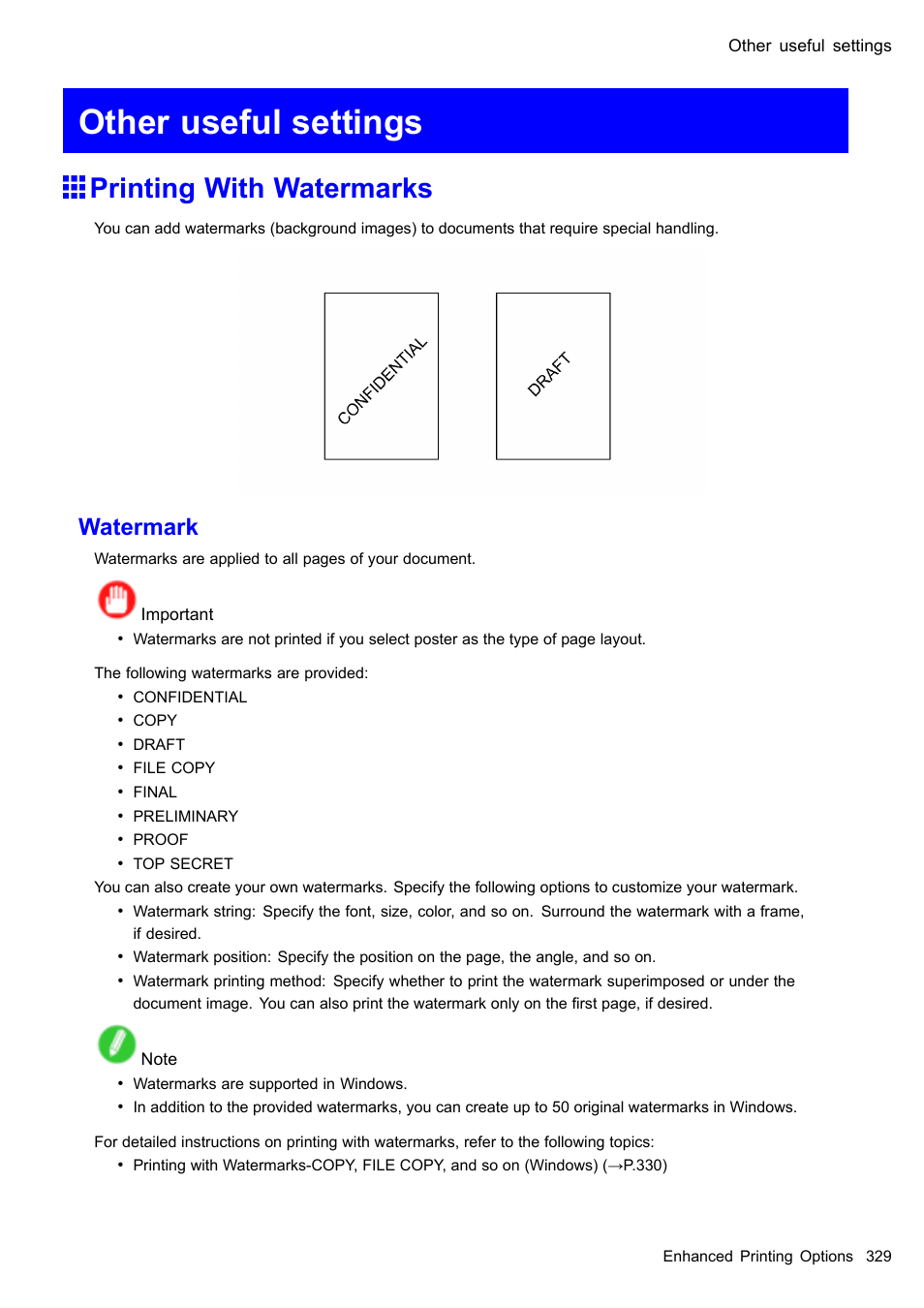 Other useful settings, Printing with watermarks, Watermark | Canon imagePROGRAF iPF605 User Manual | Page 343 / 578