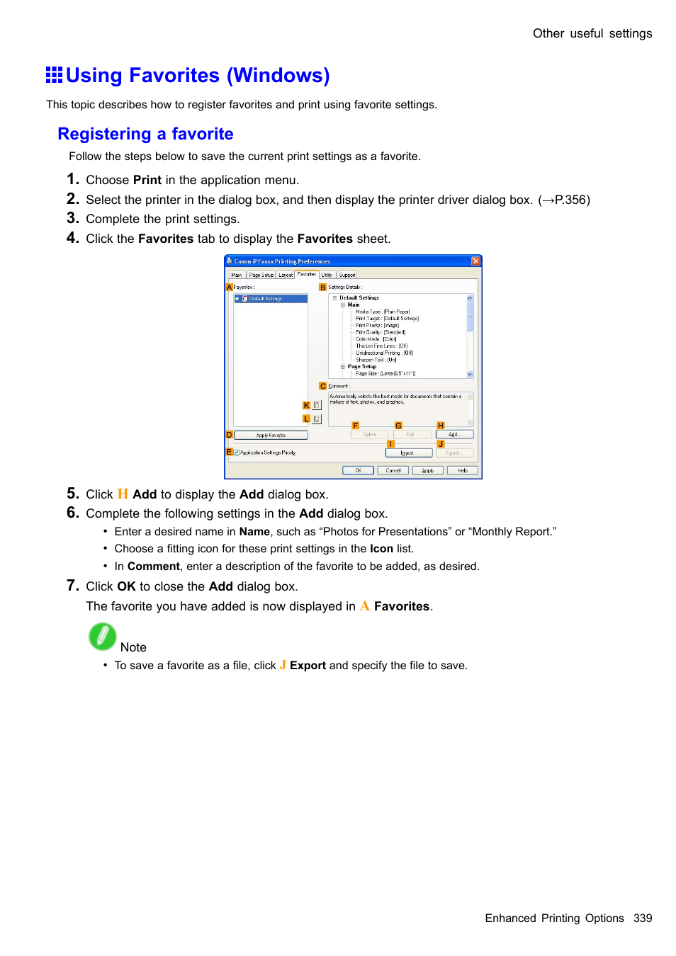 Using favorites (windows), Registering a favorite | Canon imagePROGRAF iPF605 User Manual | Page 353 / 578