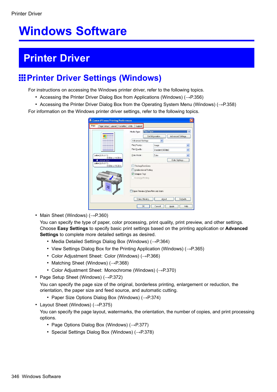 Windows software, Printer driver, Printer driver settings (windows) | Canon imagePROGRAF iPF605 User Manual | Page 360 / 578